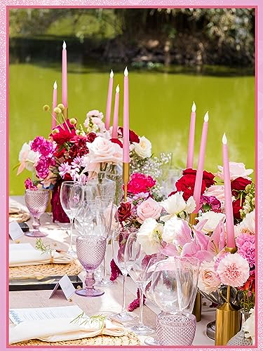 Image of Treela 24 Pcs Flameless Taper Candles Battery Operated ulkB Fake Candles Light LED Candle Sticks Flickering Tapered for Wedding Anniversary Holiday Decoration(Basic,11 Inch,Pink)