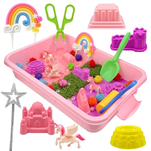 NlsqEU Arena Magica Arena Kinetischer, 59pcs Arena Set con 1kg Juguetes Arena, 3 Mini Adornos de Pony, 6 Moldes de Castillos, Poni Accesorios, Regalos para Cumpleaños de Niños 3 4 5 6 7 Años