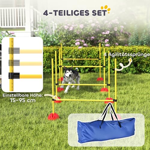 PawHut Agility Set Hunde, 4-teiliges Agility Ausrüstung mit höhenverstellbar Hürden Tragetasche Trainingszubehör, befüllbar Steckhürdenset für Hundetraining, Trainingsset für Hunde