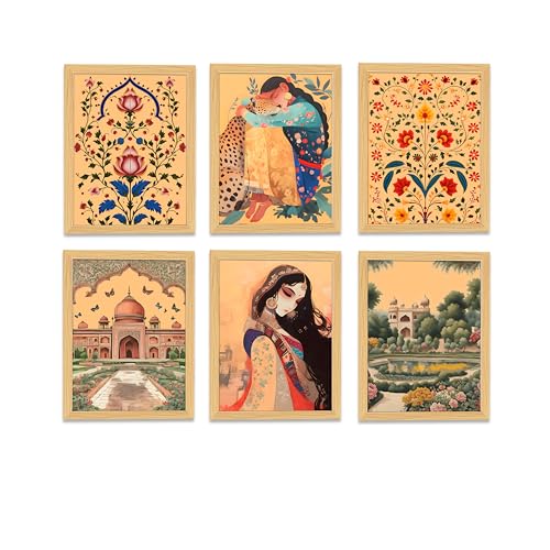 Image of PAINTINGMANTRA Madhubani Paintings For Living Room, Floral Garden Madhubani Wall Art Painting With frame for Bedroom, Office and Home Decor, Set of 6, 13x18 Inch