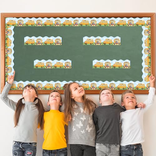 Image of BeYumi School Bus Border Trim - 65ft Back to School Bus Scalloped Rolled Border Trim Pastel Watercolor Bulletin Board Set Classroom Office Chalkboard Kindergarten Elementary Home Party Decoration