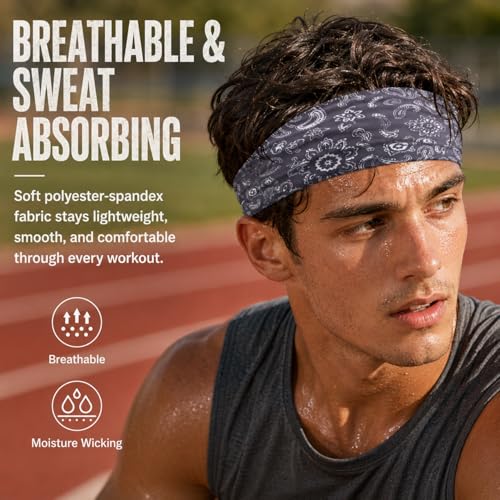 Image of 9 pcs Sweatbands for Men Workout Sport Headbands for Men Camo Headband Sweat Absorbing Headband Wide Sweatband for Head Basketball Football Cycling Running Yoga, 4.7 x 9.8 Inch