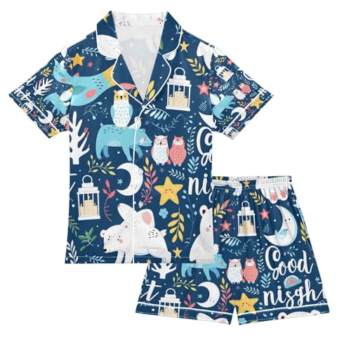 senya Bears Owls Moon Satin Summer Pajama Sets Silk Short Sleeve Button Down Sleepwear