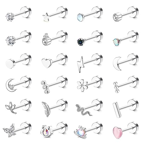 Adramata 24Pcs Pendientes para Mujer Acero Inoxidable Piercing Oreja Pequeños Cartílago Tragus Mariposa Flor Plata Oro Helix Joyería