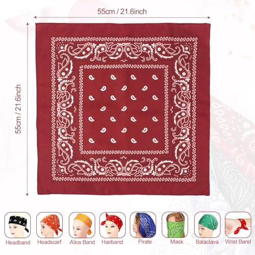 باندانا بتصميم بيزلي ملون للنساء والرجال من 12 قطعة، عصابة راس من النايلون، وشاح شعر انيق، منديل للرقبة وقبعة جمجمة لتغطية الوجه، باندانا كاوبوي مربعة 22 × 22 انش، مقاس واحد