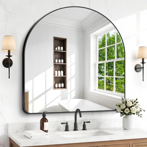 Image of BONEWEI Arched Wall Mirror,45x45 inch Black Arched Mirror Bathroom,Large Vanity Mirror for Over Sink Metal Frame,Tempered Glass Arch Mirrors for Bedroom,Entryway,Living Room,Home Decor Shatter-Proof
