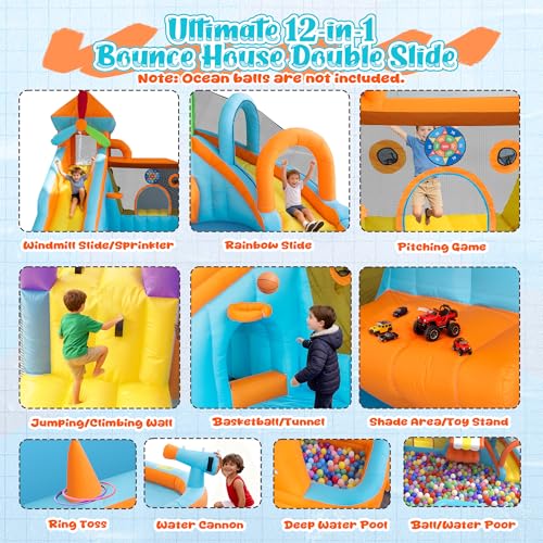 17.5×13 FT 12 in 1 Inflatable Bounce House for Kids with Double Slide, 750W Blower, Toy Stand, Jumping, Climbing Wall, Water Gun, Splash Pool, Tunnel, Basketball, Indoor, Outdoor, Orange - Image 4