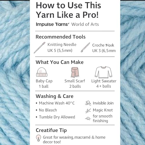 Image of WOAFashions Impulse Hand Knitting & Crochet Yarn, Premium Acrylic, 4 : Medium (Sky Blue) (3x100gms / 3.5oz / 200mtr / 218yds)