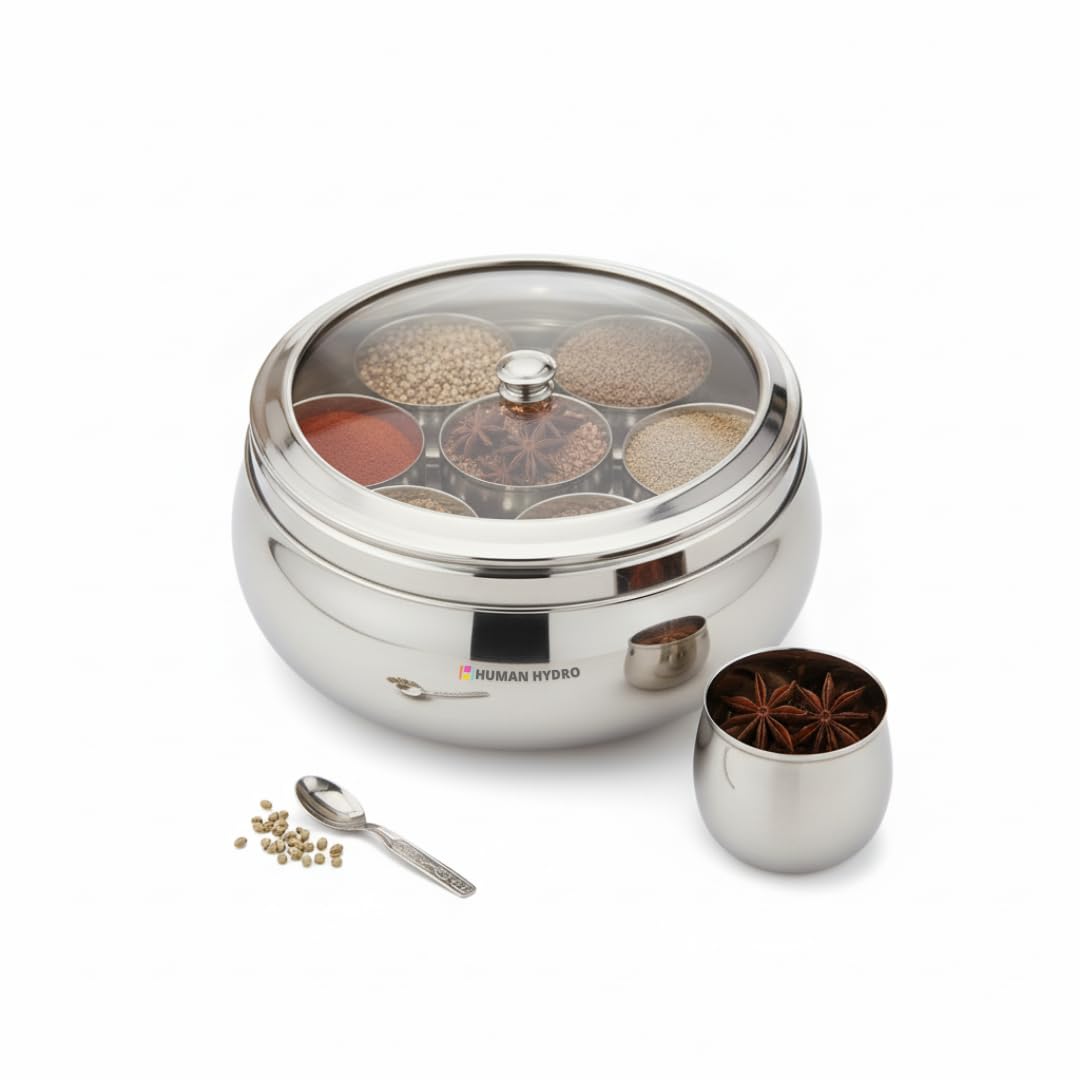 Human Hydro Premium Belly Shape Masala Dabba (18 cm, 7-in-1) | Stainless Steel Spice Box with See-Through Lid, 7 Containers & 1 Spoon | Compact Airtight Masala Box