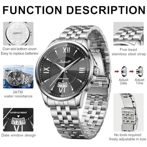 Image of Letoff Men's Analog Watch,Tool-Free Adjustable Clasp, Water Resistant 100ft, Roman Numeral Dial, Stainless Steel Case & Strap, Perfect for Business & Casual Wear