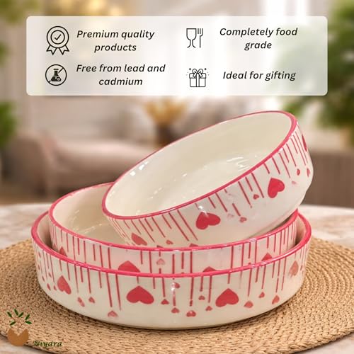 Image of Niyara Stoneware Handmade Ceramic Stylish Premium Serving Bowls /Salad Tray Microwave Dishwasher Safe (Heart Print Bowl Set of 3)