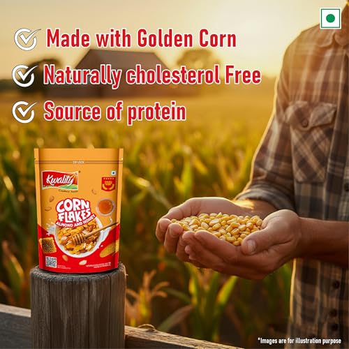 Image of Kwality Corn Flakes with Almond & Honey 1kg | Made with Golden Corns | 99% Fat-Free | High in Protein, Zero Cholesterol | Healthy Breakfast Cereal