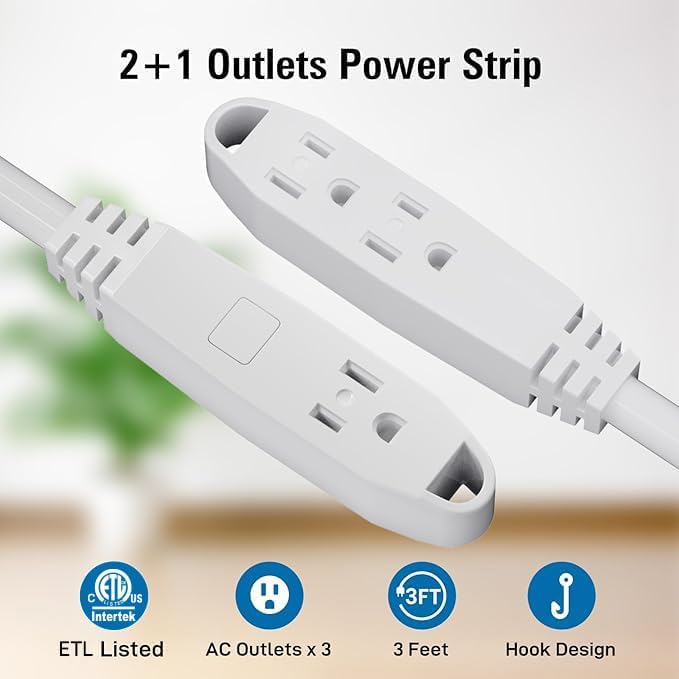 25-Feet 3 Outlet Extension Cord, Kasonic UL Listed, 16/3 SJTW 3-Wire Grounded, 13 Amp 125 V 1625 Watts, Multi-Outlet Indoor/Outdoor Use, White — view 2