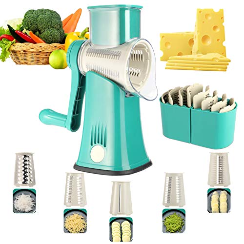 Rotary Cheese Grater 5 in 1 ANOTER-Kitchen Round Mandoline Slicer Easy Clean Handheld Julienne Shredder Waffle Slicers Stainless Steel Blades for Veggies Nuts French Fries