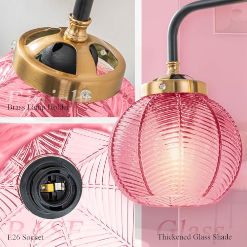 Image of Glass Bathroom Vanity Light Red Ribbed Glass Wall Light Fixtures 3-Light 23.6 Inch Mid Century Bathroom Lights Fixture Globe Vanity Lamp Over Mirror Wall Sconce for Bedroom Hallway