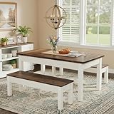 Tribesigns 55-Inch Kitchen Table Set for 4-6 People, Farmhouse Space Saving Dining Table with 2 Benches, 3 Pieces Wooden Dinette Set for Small Space, Breakfast Nook, Restaurant (White and Brown)