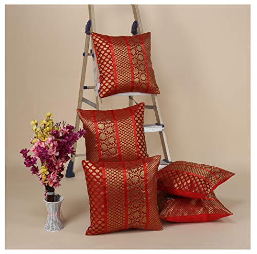Image of Home Decor Decorative Heavy Brocade Banarsi Silk Cushion Covers Pillowcase 16 inch Rajasthani Diwan Living Room Sofa Settee Couch Cushion Pillow 40 x 40 cm (Red, 5)