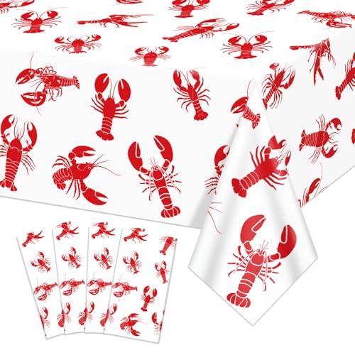 QUERICKY 4 Pack Crawfish Tablecloths Plastic Red Lobster Crawfish Boil Table Cover for Birthday Party Decorations Seafood Festivals Potluck Barbecue Supplies 87 x 51 inches