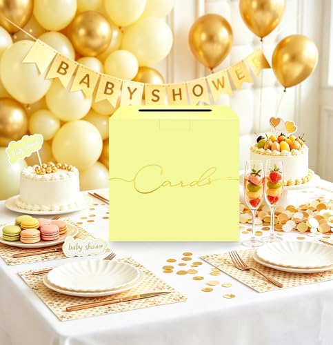 Image of HEIPINIUYE Yellow Wedding Card Box with Gold Foil 9.8 inch x 9.8 inch Yellow Large Gift Card Box for Party Wedding Reception Graduation Birthday Baby Shower Cardboard Raffle Envelope Box with Slot