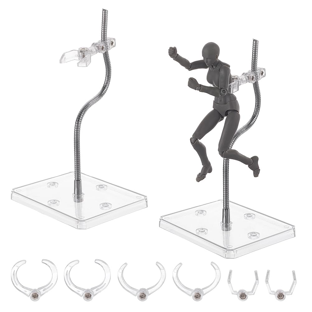 FINGERINSPIRE 2 Ensemble de Support de Figurine D'Action Transparent Base Hexagonale Plastique Avec Support en Os de Serpent Flexible Métal et Quatre Pinces Taille pour Figurine Hg Rg 1/144