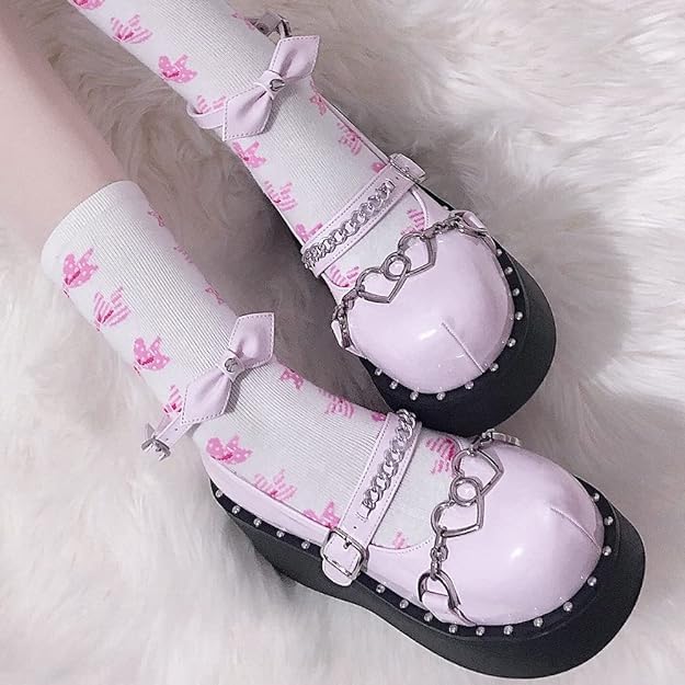 Image of Women's Platform Mary Janes Heart Cat Buckle Rivets Ankle Lolita Gothic Princess Platform Pumps Patent Leather Thorn Vintage Traditional Embroidery Upper Dress Shoes