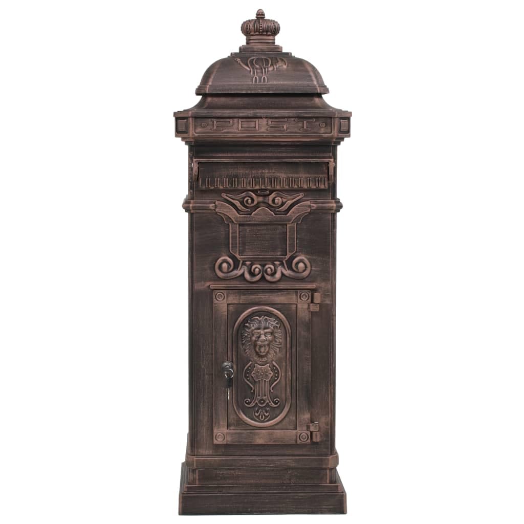 Skrzynka na listy kolumnowa z odlewu aluminiowego, stojąca skrzynka na listy w stylu vintage, nostalgiczna skrzynka na listy z przegródką na gazety i 2 przegródkami, brąz