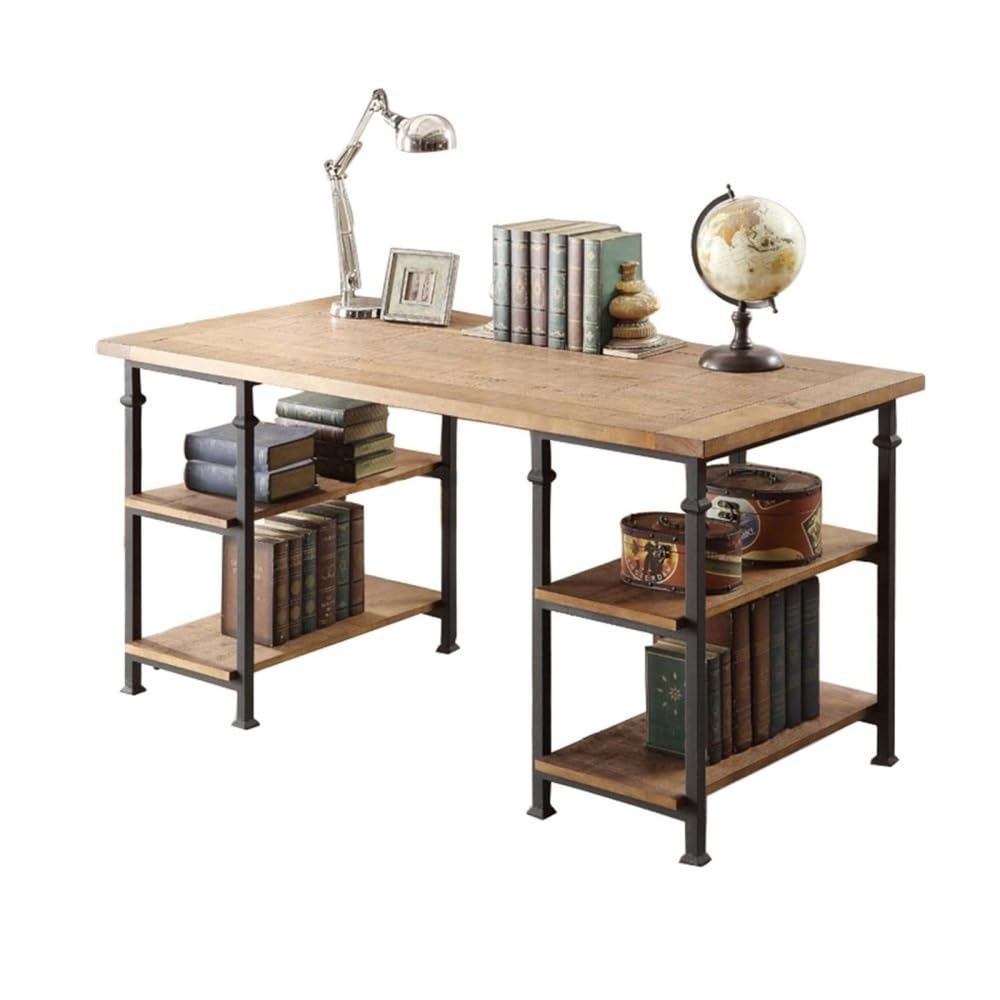 IUokLU Computer Desk Vintage Wooden Writing Desk with 2-Tier Open Shelves, Industrial Solid PC Desk Workstation for Home Office (160cm)