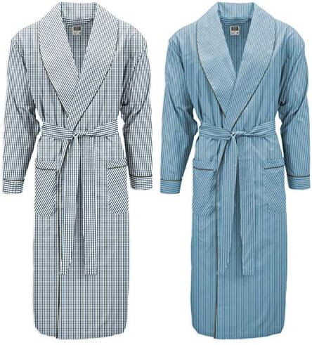 Mens 2 Pack Long Sleep Robe, Premium Cotton Blend Woven Lightweight Bathrobe -Patterns May Vary (Large/X-Large, 2 Pack- Blues Checks/Stripes)
