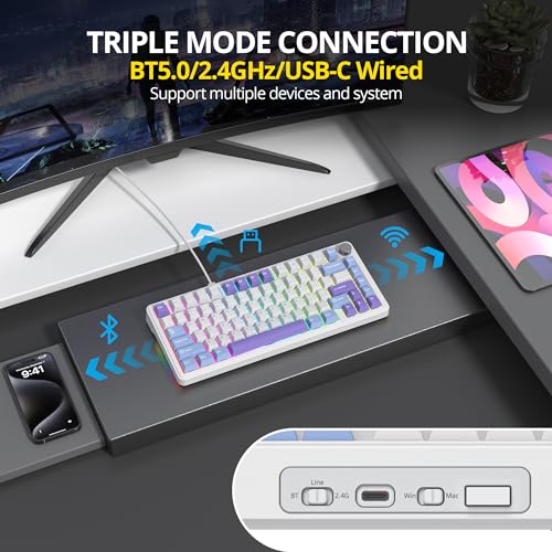 Image of surmen M75 75% Wireless Creamy Keyboard with Gasket, Pre-lubed Triple Mode Bluetooth Mechanical Gaming Keyboard BT5.0 /2.4Ghz /USB with Sound Absorbing Pads Hot-Swap(Starlight White)