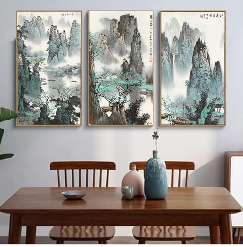 Peinture à l'encre chinoise XINBAO pour salon élégant triptyque sans cadre 30x50cm