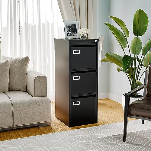 Afaif 3 Drawer File Cabinet With Lock, Filing Cabinets For Home Office,18" Deep Metal Narrow Vertical File Cabinet, Black Locking File Cabinet For Letter/Legal Size, Need To Assemble #TOP6