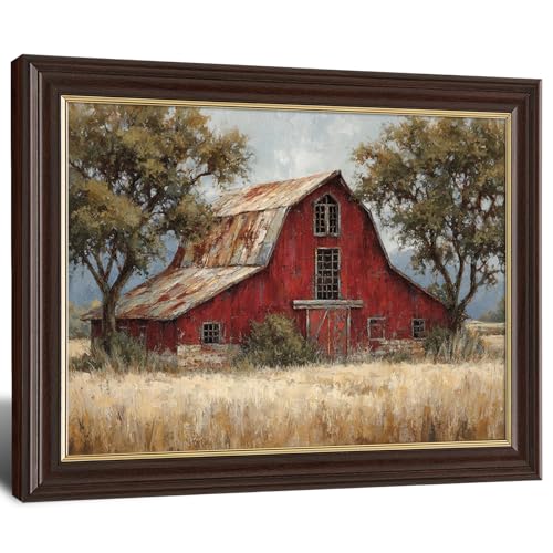Image of Antique Framed Red Barn Canvas Wall Art, Weathered Farmhouse Oil Painting Canvas Prints, Vintage Farm Wall Decor Pictures for Living Room Bedroom Bathroom