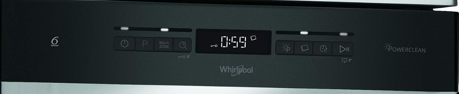 Close-up of the Whirlpool WSFO 3O23 PF X dishwasher's control panel with digital display and program selection buttons.