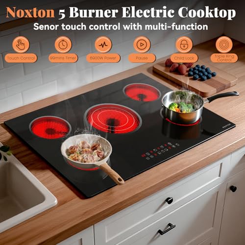 Image of Noxton 30 Inch Electric Cooktop, 5 Burner Ceramic Cooktop with Triple Ring Expandable Burner, Built-in Radiant Electric Stove Top, 9 Power Levels, Timer, Child Safety Lock, 240V Hardwired