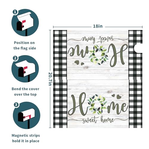 Image of Home Sweet Home Magnetic Mailbox Cover, Spring Leaf Buffalo Plaids Decorative Waterproof Mailbox Wrap Letter Post Cover for Garden Yard Outdoor Outside, 21x18in Standard Size