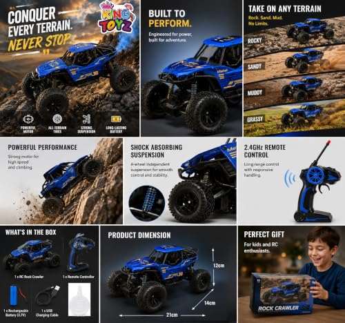 Image of Rock Crawler RC Car, 4 Functions, Rechargeable Remote Control Climbing Car with Fog Effect for Kids-Blue