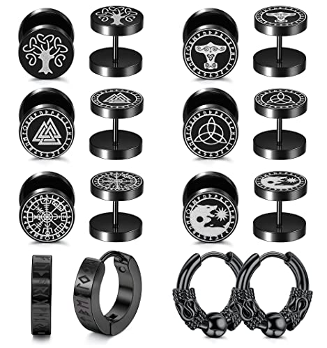 JeweBella 8Pair Pendientes Hombres Acero Inoxidable Vikingos Runa Negro Pendientes Cabeza de Lobo Nudo Celta Juego de Pendientes Classic Punk Hipoalergénico Pendientes de Aro para Hombres Mujeres