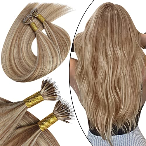 Ugeat Highlight Nano Bead Hair Extensions Human Hair Golden Blonde Nano Hair Extensions Human Hair Highlight Bleach Blonde Short Length 14 Inch 50G 50S #10/613