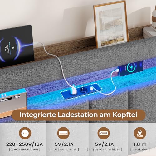 AOGLLATI Polsterbett 140x200 mit Stauraum,Hydraulisches Bett mit LED-Bleuchtung und Ladestation Jugendbett Doppelbett Bettgestell mit Kopfteil aus Samt-Ohne Matratze (Grau Leinen, 140x200cm)