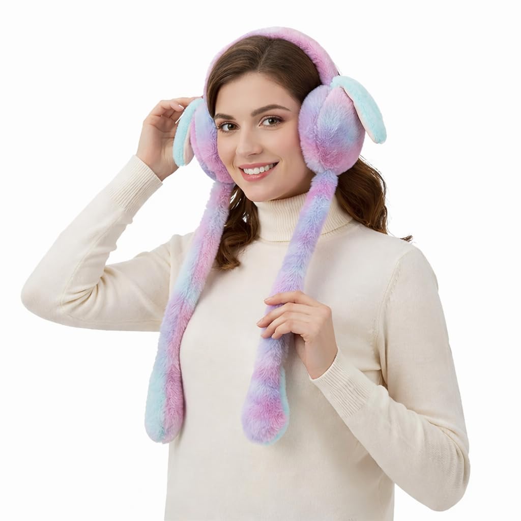 Multi-Colour Plush Bunny Ear Muffs with Long Hanging Straps, Soft Faux Fur, Pastel Pink Blue Purple Gradient, Winter Warmth-image-30