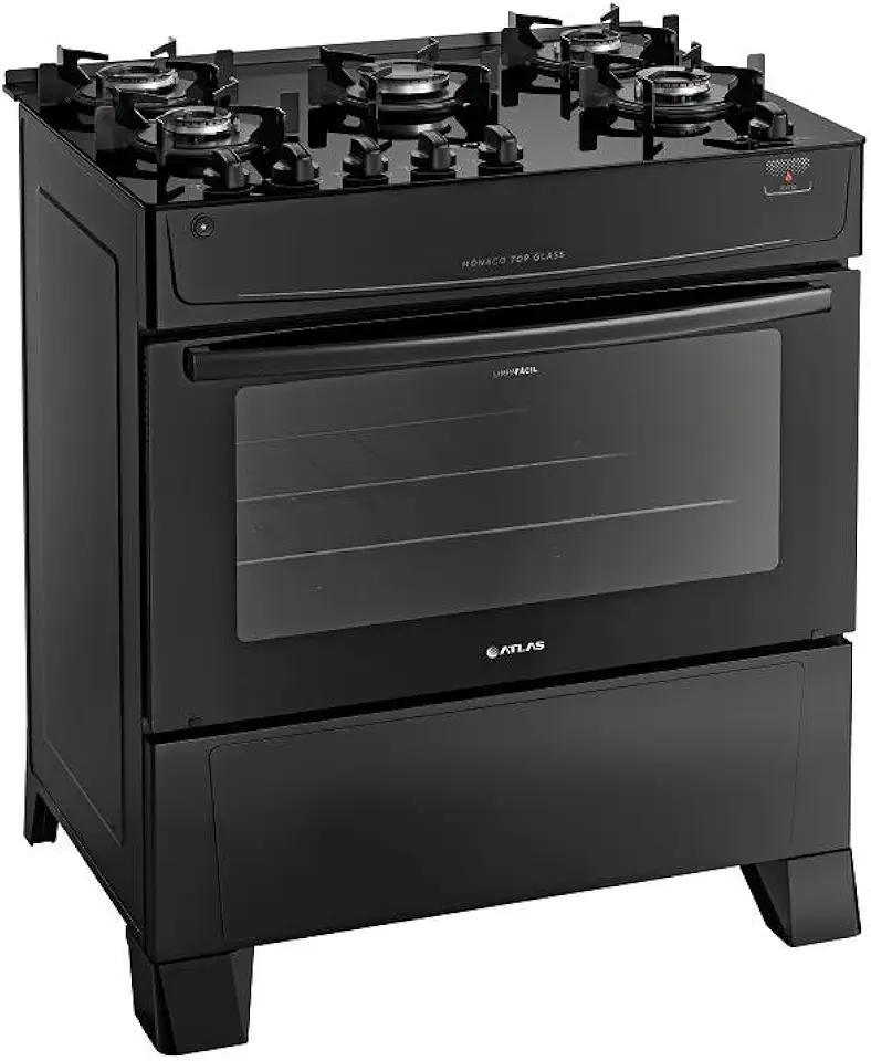 Fogão Atlas 5 Bocas preto Mônaco Top Glass com Acendimento automático - Bivolt