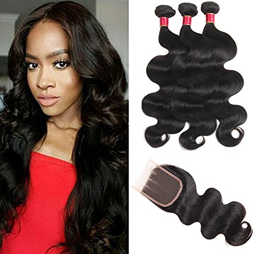 Brazilian Virgin Hair Body Wave Bundles with Closure 10 12 14+8 10a Human Hair Bundles with Closure 3 Part Body Wave Lace Closure with Baby Hair None Bleached Knots Natural Color