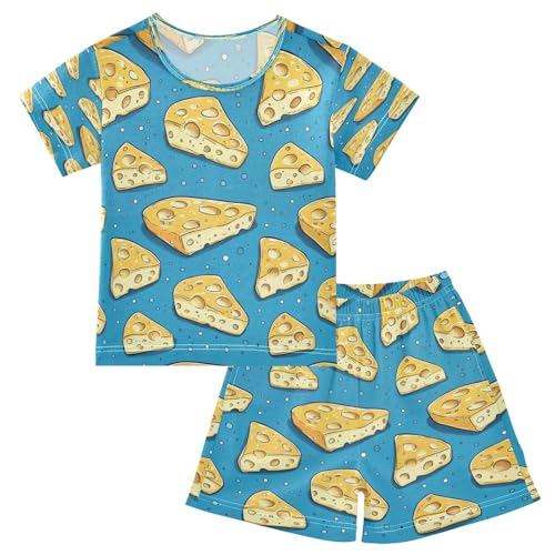 Pajama Sets Short Sleeve Cheese Slices on Blue Soft Cotton Summer Sleepwear 2 Piece PJS Size 5-14T