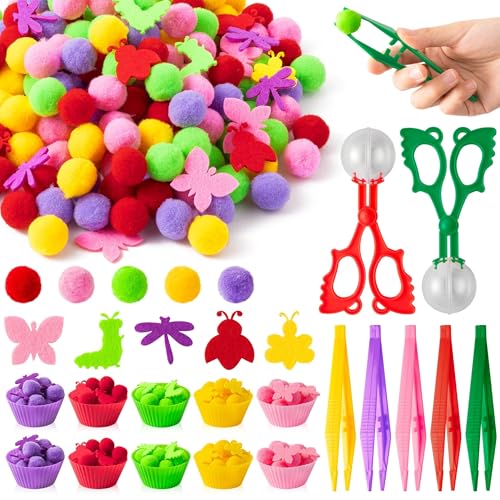EZdhuawuse Summer Insects Sensory Bin Fillers Toys - Summer Party Gift 268Pcs Color Counting Sorting Fine Motor Toys Set for Kids, Felt Dragonfly Butterfly Pom Poms Cups Clips for Preschool Education