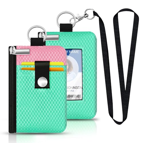 Image of Minimalist RFID Blocking Small Wallet with ID Window,WaterResistant Zip Id Case Wallet with Lanyard Keychain for Cards,Cash,Travel,Women,Men (Mint Green /Pink)