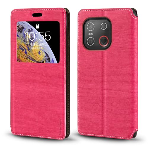 Shantime Sichtfenster-Lederhülle Kompatibel mit Emporia Smart.7 Mini, Elegantes Design mit Klarsichtanzeige, Unsichtbarem Magnetverschluss & Kartenfach(Rosenrot)