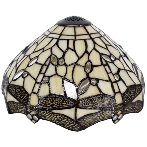 Image of 12Inch Tiffany Stained Glass LampShade Replacement Only (Cream Dragonfly) | Stained Glass Style Lampshade with Cap fit for Table lamp Pendant Light Ceiling Fixture