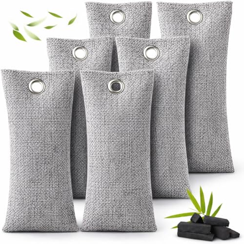 Sachets Charbon Actif Anti Odeur, Charbon de Bambou 6×75 g – Absorbeur d’odeurs & humidité, purificateur d’air naturel au charbon actif, anti odeur chaussures, armoire, valise, voiture, réutilisable