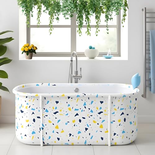 Image of Lexara Portable Folding Bathtub for Bathroom - Large Freestanding Soaking Tub with Thick Insulated, Ice & Hot Spa Tub, Collapsible Cold Plunge Therapy, Muscle Recovery Tub (Terrazzo Bathtub)