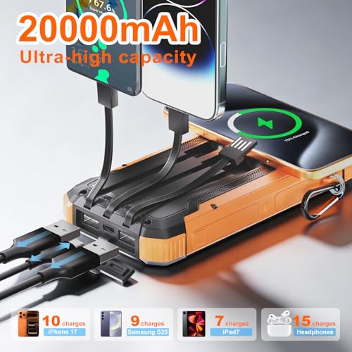 Image of Solar Charger Power Bank 20000mAh, Wireless Fast Charging Battery Pack with 3 Built-in Cables & USB-C Input, Dual LED Flashlights, Portable Phone Charger for Camping, Travel & Emergency Use